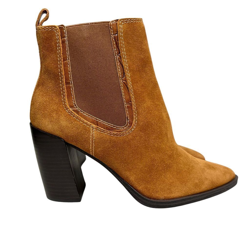 Vince Camuto Womens Bootie Ratony Brown Suede Block Heel Pull Up Size 8.5 M